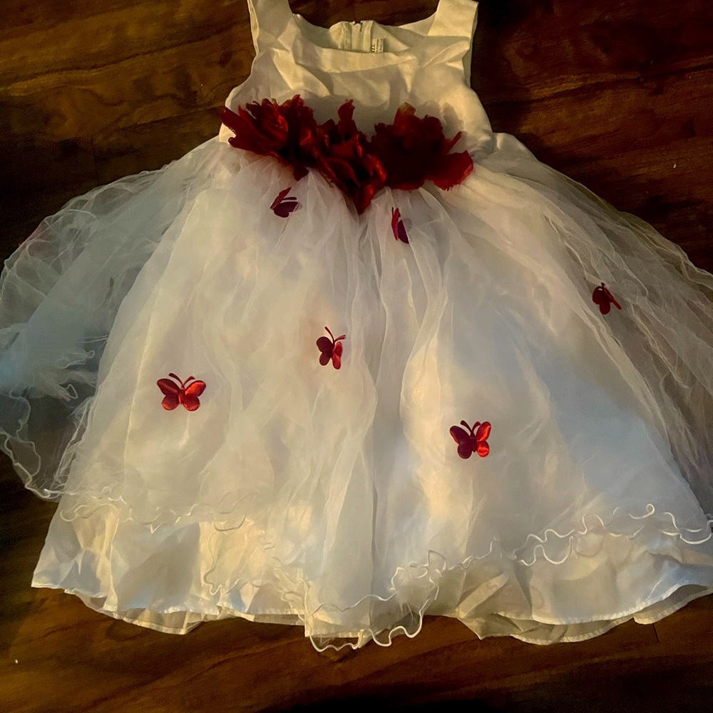 Flower Girl White Dress with Burgundy Ribbon and Butterflies